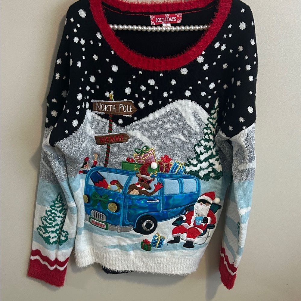Jollidays Ugly Christmas Sweater XL "Santa Roadtrip" Camper Van North Pole EUC